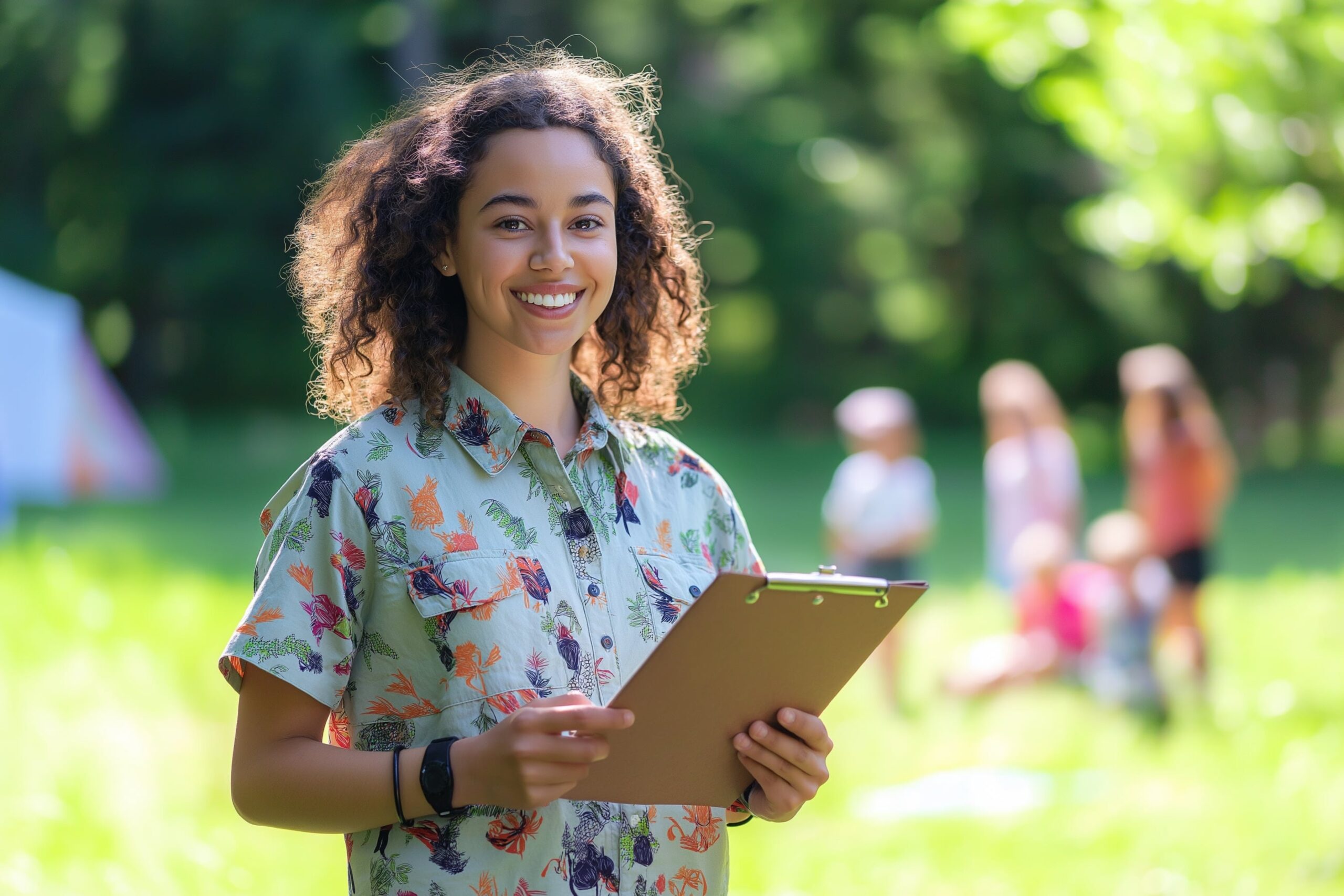 Smiling student with curly hair outdoors with a blurred green background
