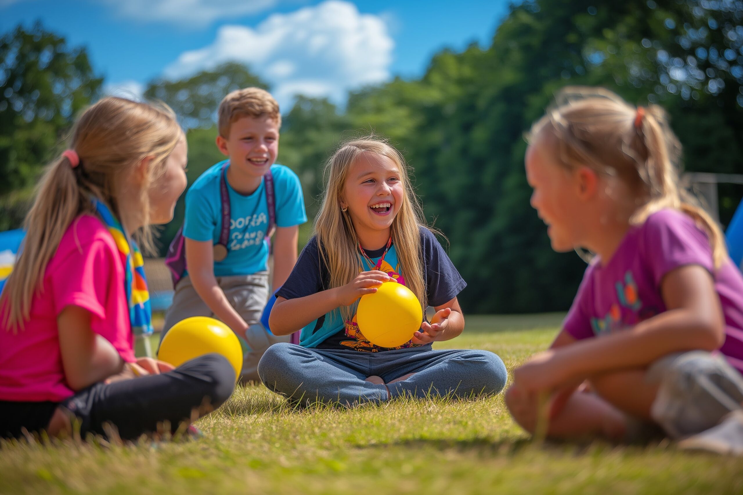 Group of children laughing and talking outdoors at summer camp